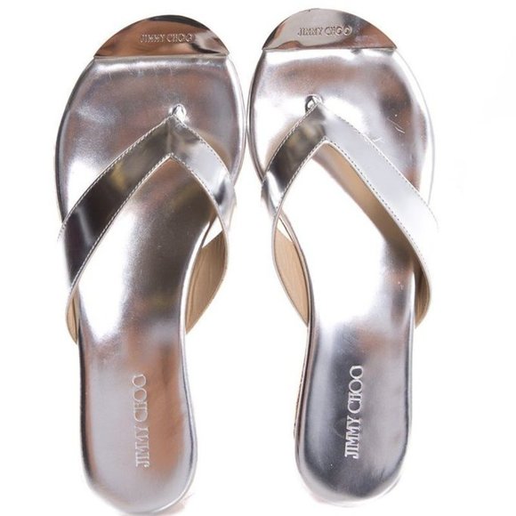 ❌SOLD❌ JIMMY CHOO Silver Mirrored Leather Thong Sandal - Picture 1 of 8